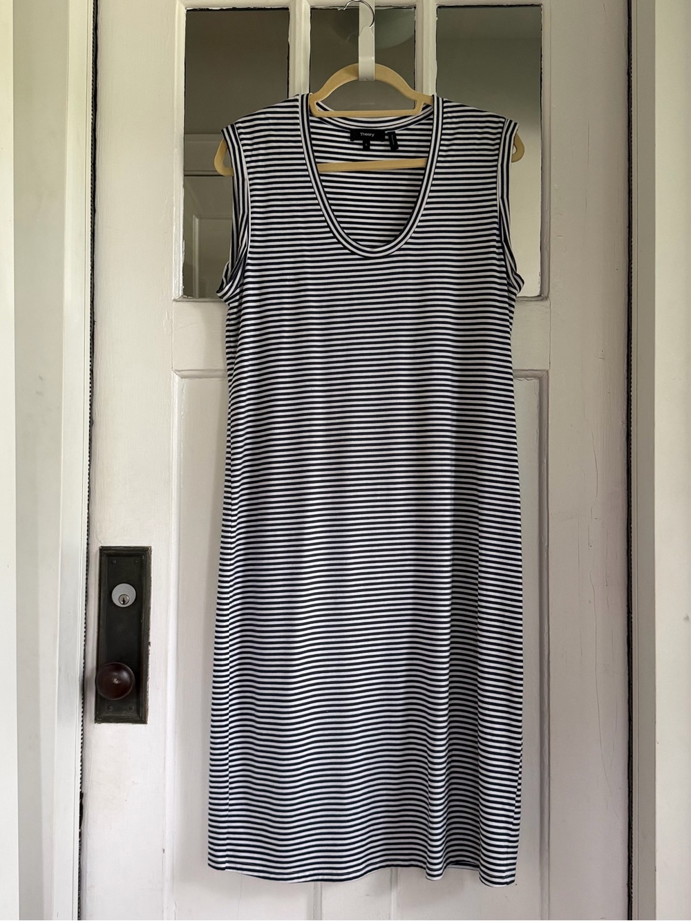 Theory Black and White Striped Sleeveless Midi Dress